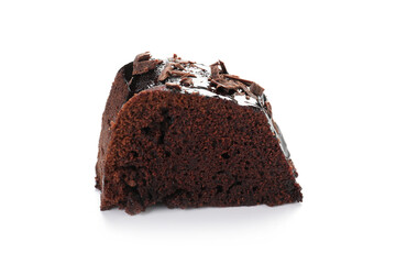 Piece of delicious chocolate bundt cake isolated on white