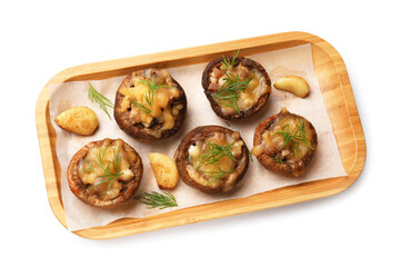 Delicious stuffed mushrooms with melted cheese, garlic and dill isolated on white, top view