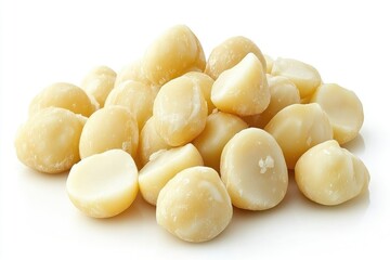 A small pile of creamy-white macadamia nuts, some halved, sits on a stark white background