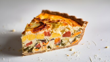 A clean close-up of a single slice of savory quiche on white – quiche wallpaper – bakery wallpaper – quiche image

