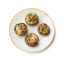 Delicious stuffed mushrooms with melted cheese and parsley isolated on white, top view