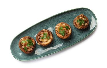 Delicious stuffed mushrooms with melted cheese and parsley isolated on white, top view