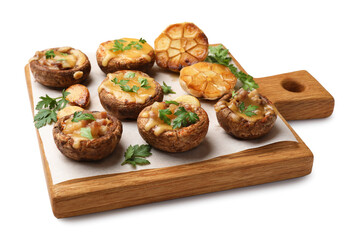 Delicious stuffed mushrooms with melted cheese, garlic and parsley isolated on white