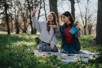 Two teenage girls paint together in a park, enjoying a creative and relaxing time, bonding during a...