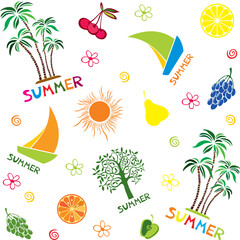 summer seamless pattern. isolated on White background. Fashion print design. Flat style. Beach party.  Good for textile fabric design, wrapping paper, website  Vector illustration