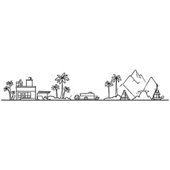 Tropical island silhouette, palm trees, wavy water, black and white illustration, minimalist design, beach landscape, graphic art, simplified shapes, coastal scenery, vacation vibes, tranquil ocean