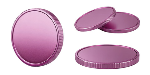Shiny purple coins are displayed in creative arrangement showcasing their smooth surfaces and unique design