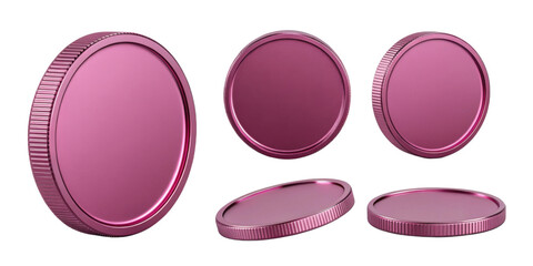 Shiny pink coins with smooth surface and ribbed edges are displayed in various positions, showcasing their vibrant color and design