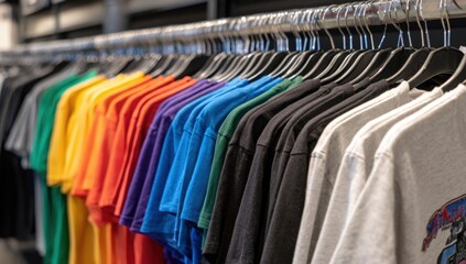Obraz premium Colorful t-shirts hanging on clothing rack