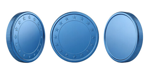 Shiny blue coin with smooth surface and star patterns around edge is displayed from three angles, showcasing its unique design and color