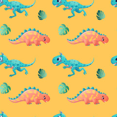 Seamless pattern with various dinosaurs on a yellow background. Vector illustration for the design of postcards, clothing, textiles, banners, posters