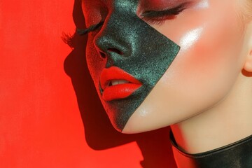 Artistic portrait of young woman with geometric face paint on red background