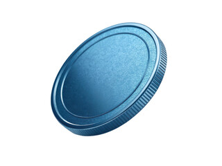Shiny blue coin with smooth surface and ridged edges reflects light beautifully, showcasing its unique design and color