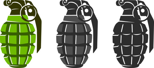  Set of combat grenades in the form of three icons, icon of combat army grenade in three colors.