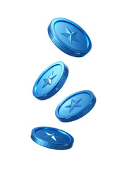 Floating blue coins with star design create captivating visual that symbolizes value and currency