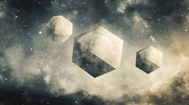 Geometric celestial bodies adrift in space. - Powered by Adobe