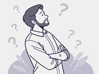 A line art illustration of a man with his arms crossed, looking thoughtfully upwards.