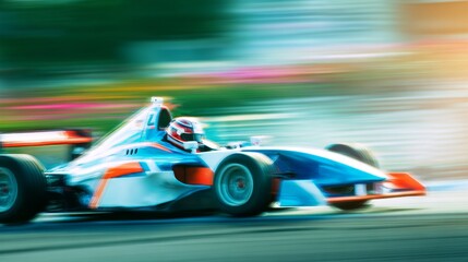 Fast moving racing car speeding on track with dynamic motion effect, showcasing speed and adrenaline of motorsport competition.	