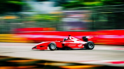Fast moving racing car speeding on track with dynamic motion effect, showcasing speed and adrenaline of motorsport competition.	