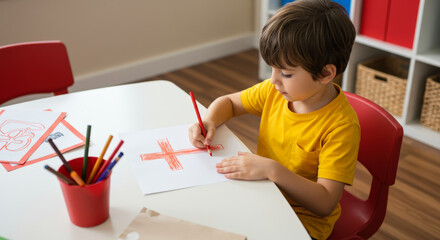 Child drawing red cross with crayon in Sunday school classroom, art activity