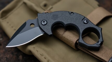 Tactical folding knife on khaki fabric.