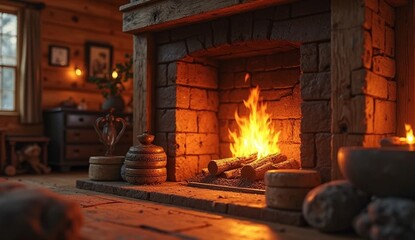 Cozy cabin interior with stone fireplace and fire.