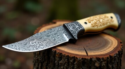 Ornamental knife on wooden surface.