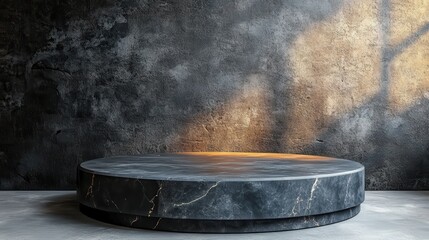 Dark marble podium with gold veins against textured grey wall backdrop. Perfect for showcasing luxury products or art, adds depth, is versatile.