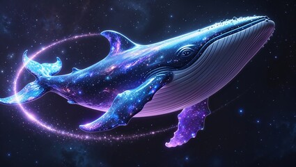 Fototapeta premium A stardust whale glides through deep space, its body shimmering with cosmic colors and ethereal light