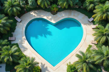 heart shaped pool surrounded by palm trees