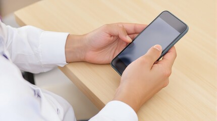 A person using a smartphone while sitting at a wooden table with a clean background.