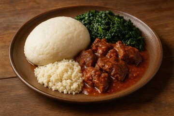 Zimbabwean sadza with beef stew and greens on ceramic plate. AI-generated.