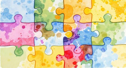 A vibrant watercolor puzzle piece arrangement in various colors and patterns.