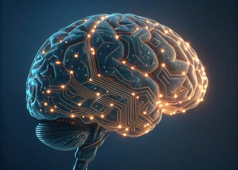 3D brain made of glowing circuits and neural lines, symbolizing generative AI