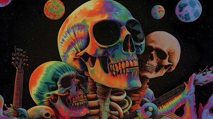 Colorful Psychedelic Skulls In Space