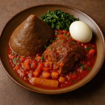 Libyan bazin with lamb, tomato sauce, greens and boiled egg. AI-generated.