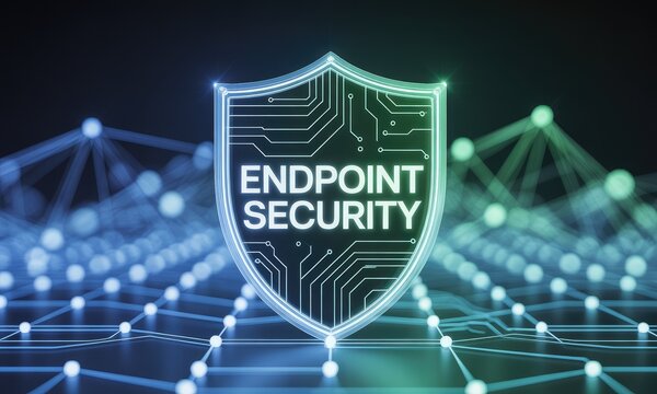 A visual representation of endpoint security with a digital shield and network background.