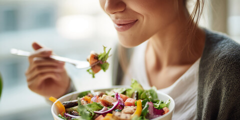 Woman enjoys a colorful salad, showcasing healthy eating and wellness lifestyle choices. Image depicts freshness and nutritious meal