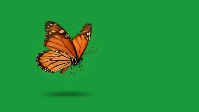Orange butterfly in flight against green background