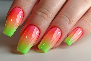 Nails closeup. Manicure close-up. Woman pink green nails mockup close-up. Nail care in beauty salon. Spa healthy treatments for female hands. Fashion bright summer trendy manicure.