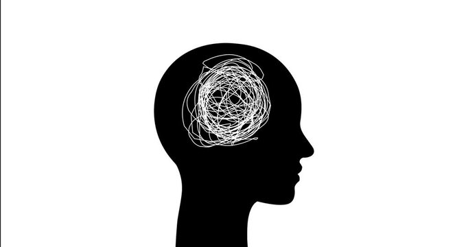 Silhouette of human head with random messy chaotic line. illustration of stress human video stock