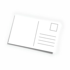 Blank white postcard with a small square and five lines for writing, set against a minimalist white background