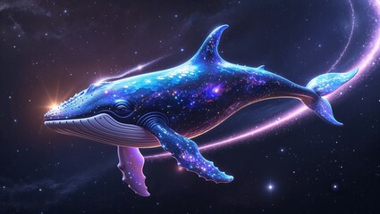 Fototapeta premium A stardust whale glides through deep space, its body shimmering with cosmic colors and ethereal light
