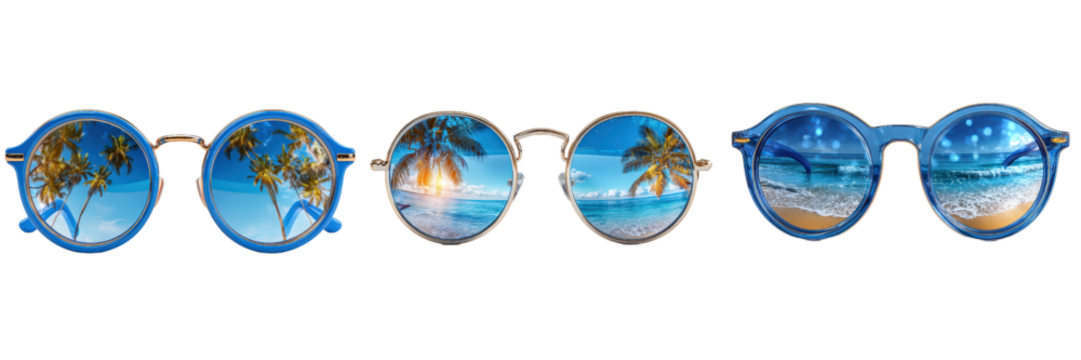 Colorful Sunglasses with Tropical Beach Reflections and Views