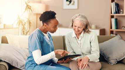 Tablet, happy and nurse with senior woman on sofa for medical service, consulting and help. Retirement home, healthcare and caregiver with patient on digital tech for results, diagnosis and good news