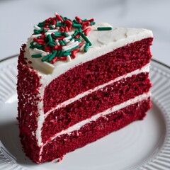 A decadent red velvet cake slice with creamy frosting on a white background – red velvet cake wallpaper – bakery wallpaper – red velvet cake image

