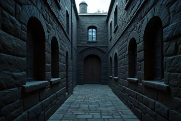 narrow alleyway in an old building with arches and windows