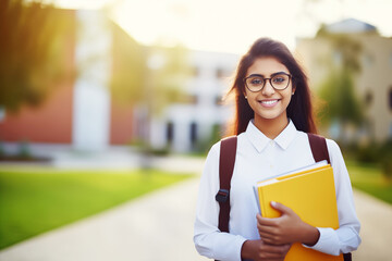 Smiling Indian student holding books and a backpack, enjoying a sunny day on the university campus, embodying the spirit of education and youth