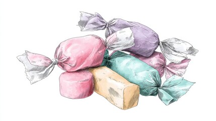 National Candy Month Assorted colorful wrapped candies with pastel shades