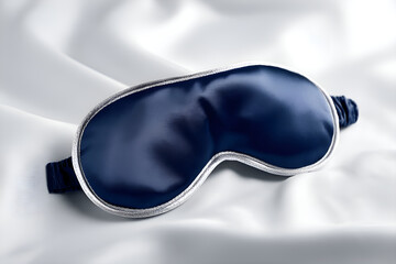 Blue silk sleeping mask resting on white sheets promoting relaxation and sleep